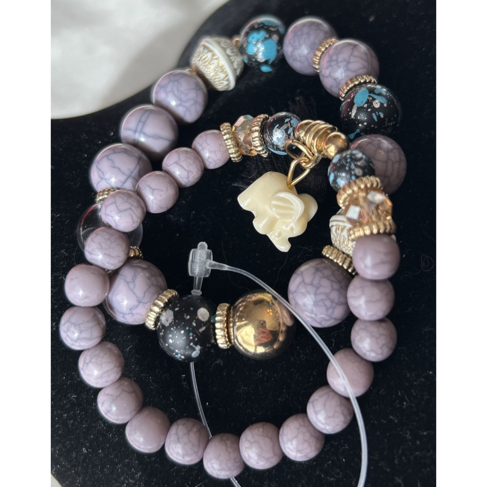 2 Purple Bead Bracelet Elephant Asian Face Dangle Charm Stretch Gold Blue Fringe
